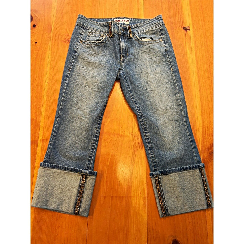 Y2K Bisou Bisou Jeans Women's Size 8 Bootcut Blue Denim Rhinestone Embellished